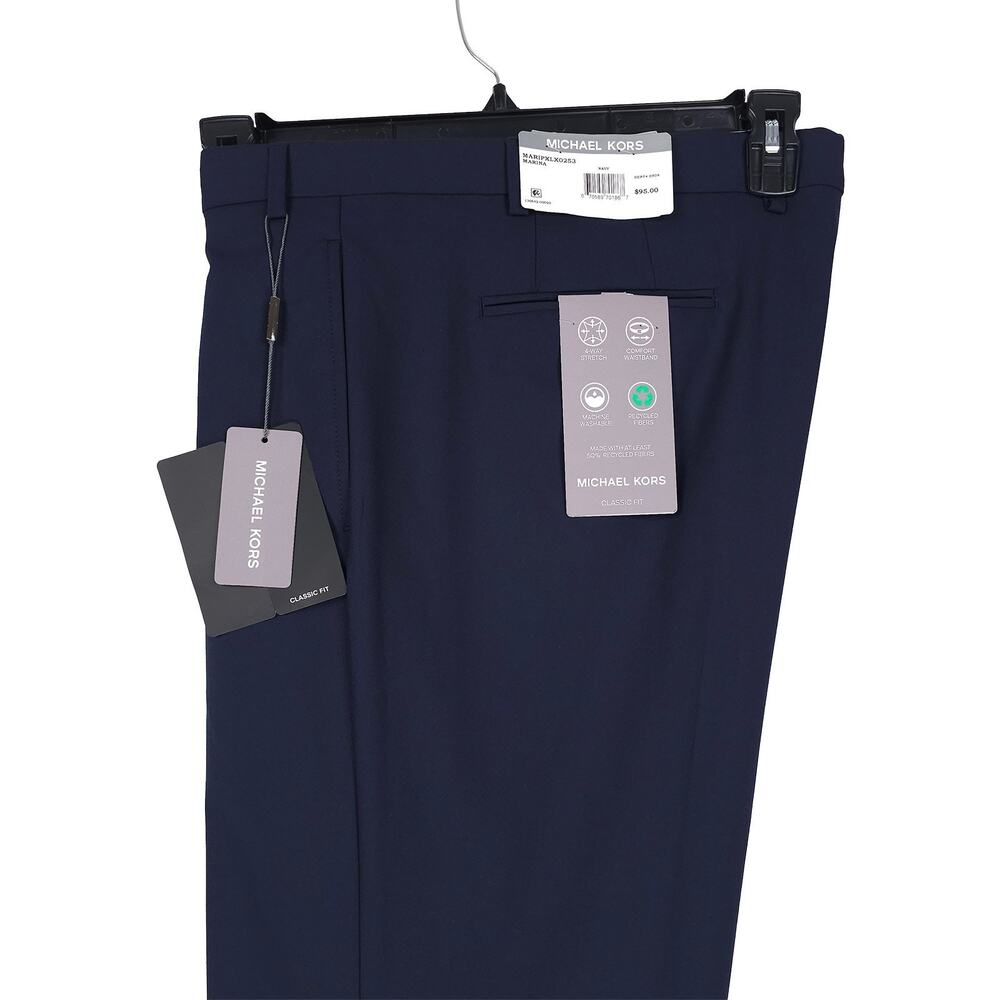 Michael Kors Mens Classic Fit Dress Pants 36x34 Navy Blue Solid Stretch Pleated